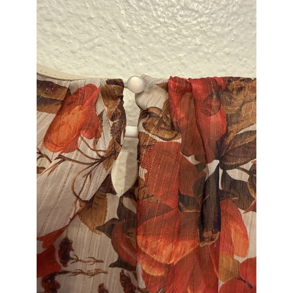 Sara Michelle Top Blouse XL/12 Pullover Bubble Hem Tie Sleeve Fall Colors Floral - Picture 8 of 11